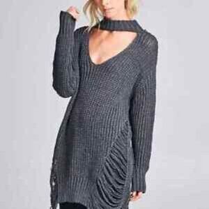 Charcoal Gray Loose Fit Distressed Long Sleeve Sweater